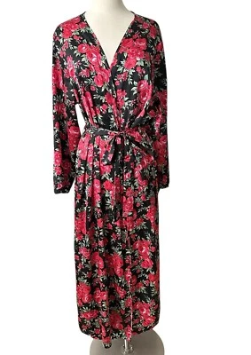 Длинный атласный шелковистый кимоно халат черный красный розы кружева женщин размер 1 X полная длина - Изображение 1 из 4