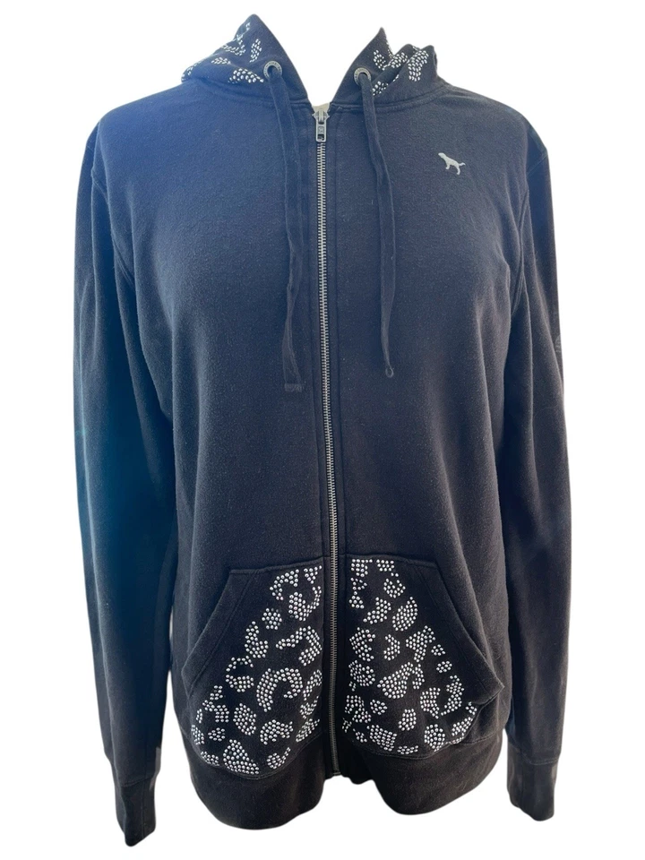 De Colección Y2K Victoria’s Secret ROSA Leopardo Bling Negro Cremallera Completa Sudadera con Capucha Lg Foto 1 de 4