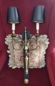 French Horn Brass Iron Vintage Large Black Gold Wall Sconce Candelabra Electric - Picture 1 of 7