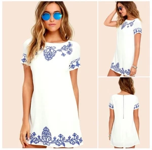 Lulus Tale To Tell blau elfenbein bestickt Etuikleid Damen Größe Large - Bild 1 von 8