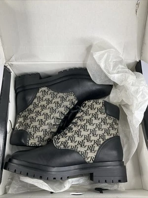 Lauren Ralph Lauren Carlee RL Monogram Jacquard Lug Sole Booties Black Size 10 - Image 1 of 4