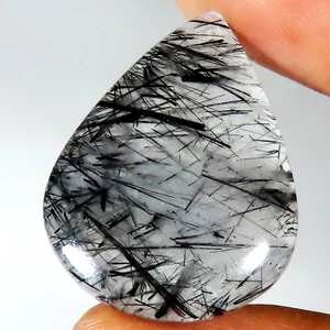 Natural Black RUTILE QUARTZ Pear Cabochon Gemstone 21.20 CT 23x29x4 mm LM-72 - Picture 1 of 7