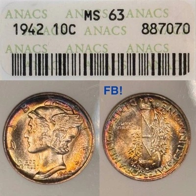 MS63 1942 10C Mercury Silver Dime, ANACS Soapbox- Rainbow Toned **FB!** - Image 1 of 4