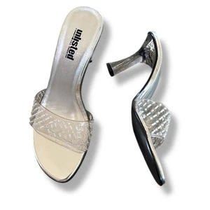 Deadstock Y2K nicht aufgeführt silberne Absätze mit transparentem Riemen und Lucite Absatz Sandalen 8,5 - Bild 1 von 13