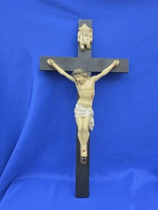 Vtg Large 28x14 - Wall Cross Luminous Crucifix Hand Painted Wood & Ceramic Jesus - Picture 1 of 13