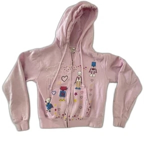 Vintage Girls Y2K Robot Heart Pink Sci-fi Zip Hoodie Sweatshirt Cotton Size S - Picture 1 of 10