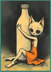 ACEO 2.5x3.5 watercolor painting - cat kitty milk bottle fantasy surreal - Picture 1 of 1