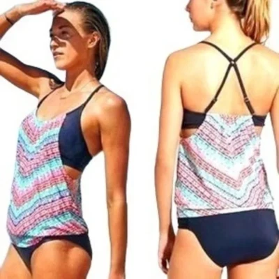 Tankini Colección Athleta Moxie Camiseta de Natación Rosa Azul Marino Sujetador Correa UPF 50, Talla 34B C Foto 1 de 4