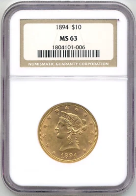 1894 $10 US Liberty Head Gold Eagle Coin - Choice Uncirculated, NGC MS63 - Image 1 of 2