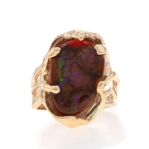 Yellow Gold Fire Agate Cocktail Solitaire Ring - 14k Oval Cabochon - Picture 1 of 9