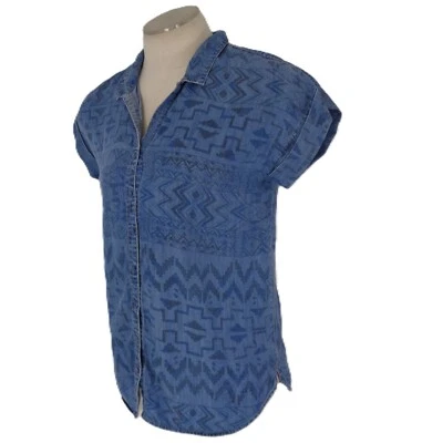 Camisa Chelsea Theodore Domain Manga Talla Grande 100% Tencil Estampado Azteca Top Azul Foto 1 de 4