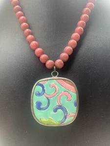 Vintage Chinese Porcelain Pottery Pendant Necklace Pink Rhodonite Bead Silver L9 - Picture 1 of 11