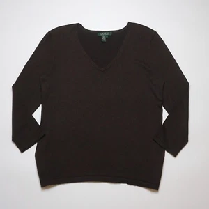 Ralph Lauren Womens Brown 3/4 Sleeve V-Neck Knitted Silk Jumper Large UK 14 - Picture 1 of 6