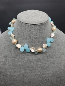 Beautiful Simulated Aqua Blue and Cream Cluster Beaded Choker Necklace - Picture 1 of 5