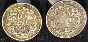 Set of (2) 1934 and 1941 Netherlands 10 Cents Silver Coins - Picture 1 of 2