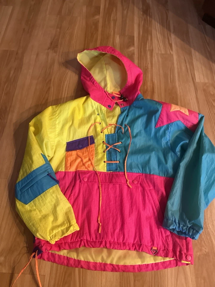 Vintage OBERMEYER 80s/90s Neon Colorblock Windbreaker Pullover Jacket coat - Image 1 of 4