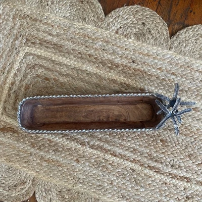 Mud Pie Wood Starfish Bowl Candy Trinket Dish 14in Metal Decorative Rim - Image 1 of 4