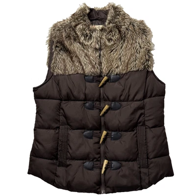 Chaleco acolchado de piel sintética tallado con volantes para mujer talla M marrón cremallera completa 4 botones de palanca Foto 1 de 4