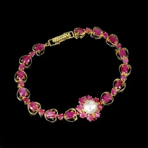 Summer 925 Sterling Silver Bracelet Oval Ruby 6x4mm Pearl Natural Gemstone 7.5in - Picture 1 of 13