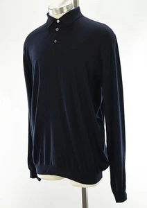 MALO Mens Dark Navy Blue Pure Wool Knit Long Sleeve Polo Sweater 56 XL Italy NWT - Picture 1 of 3