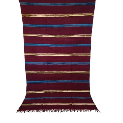 Handmade Moroccan Wool Rug Blue Yellow Stripes Fringe Berber Tribal Carpet 9x5 - Image 1 of 4