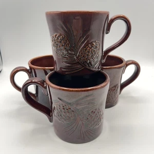 Set of 4 Brown Embossed Pinecone Stoneware Mugs-Big Sky Carvers Coffee Cups - Picture 1 of 19