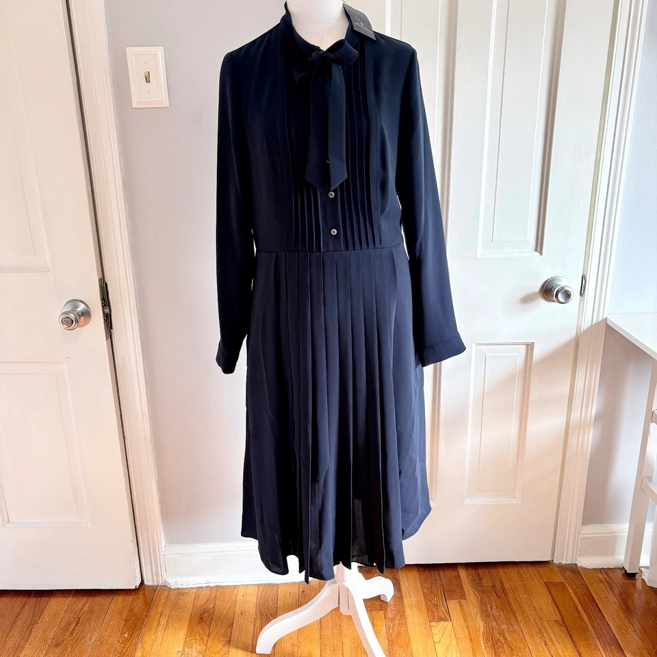 Brooks Brothers Mujer Talla 10 Azul Marino Manga Larga Plisado Vestido Cuello Corbata NUEVO Foto 1 de 4