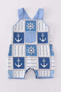 Boy's Blue Sailboat Checkered Pocket Jon Jon Romper Sibling Matching Summer Crui - Picture 1 of 12