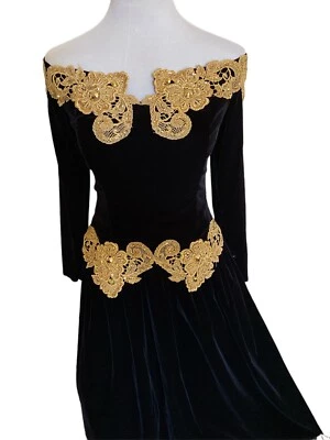 Vestido Jessica McClintock Negro Terciopelo Dorado Brillo Talla 14 Queen Renacimiento Largo Foto 1 de 4