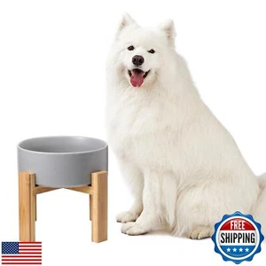 Raised Ceramic Large Dog Bowl - Heavy Weighted Dog Dish with Bamboo Stand - E - Picture 1 of 5