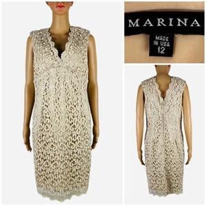 Marina Womens 12 Dress Lace V Neck Cocktail Beige Golden Metallic Lined EUC - Picture 1 of 12