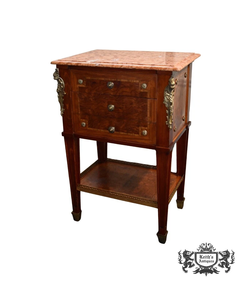 Cómoda de tres cajones con incrustaciones de mármol estilo regencia italiana vintage Foto 1 de 4