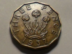 1937 KING GEO VI GREAT BRITAIN NICKEL-BRASS 3 PENCE KM#849 MINTAGE 45,708,000!! - Picture 1 of 2