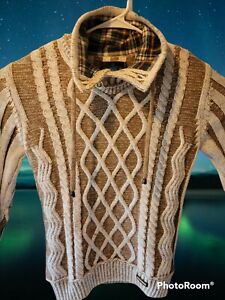 Men's Cipo and Baxx Multi Knit Cream N Brown Shawl~Plaid Neck Sweater 