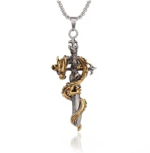Medieval Dragon Sword Pendant Necklace Halloween Gothic Steampunk Punk Mens - Picture 1 of 2