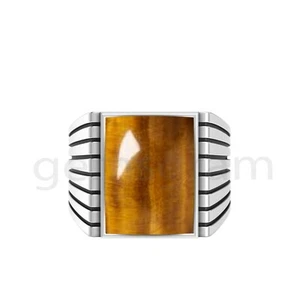 925 Sterling Silver Handmade Gemstone Rectangle Tiger Eye Solid Men's Jewelry - Picture 1 of 10