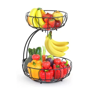 2Tier Fruit Tray VEG Counter top Bowl Storage&Banana Hanger Snacks Basket Holder - Picture 1 of 8