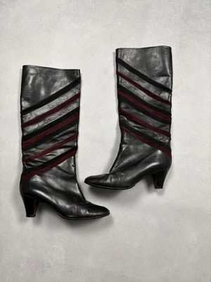 Botas hasta la rodilla Bally vintage de cuero gamuza negras borgoña Italia raras talla 39,5 Foto 1 de 4