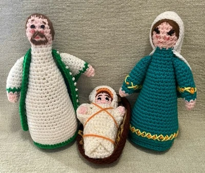 Hand Knitted Crochet Holy Family Christmas Joseph Virgin Mary Baby Jesus Manger - Image 1 of 4