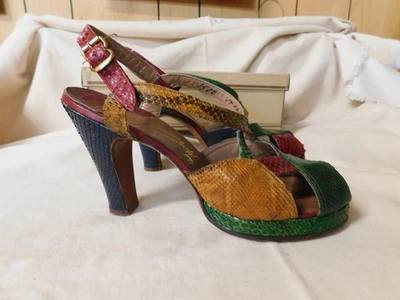 Vintage MARQUISE Reptile Vari Colored Sandals Platform Heels Size 9 1970's w/box - Image 1 of 4