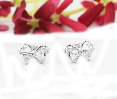 Free Shipping Crystal Cubic Zirconia Bow Style 925 Sterling Silver Stud Earring - Image 1 of 3