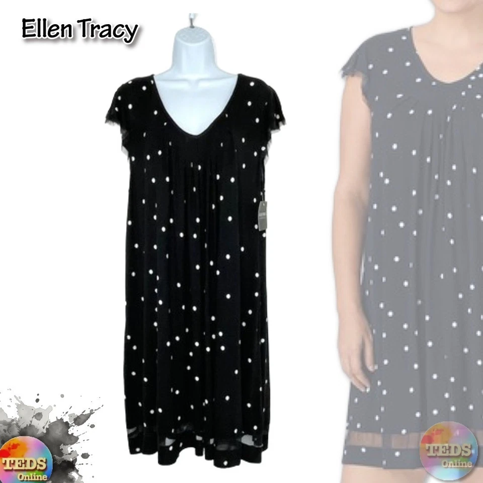 NWT Ellen Tracy Women's XL Soft Flutter Sleeve Stretch Jersey Chemise, Black Dot - Image 1 of 4