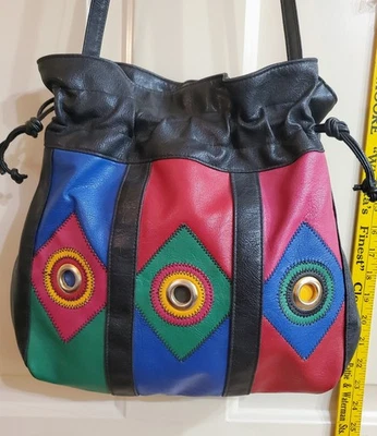 Womens Vintage 70s Bright Patchwork & Black Leather Drawstring Bag Gromet Purse - Image 1 of 4