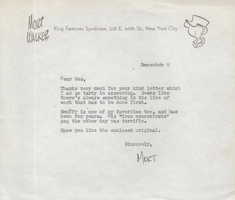 MORT WALKER HAND SIGNED LETTER FROM THE 1950's     AWESOME+RARE    BEETLE BAILEY Cover