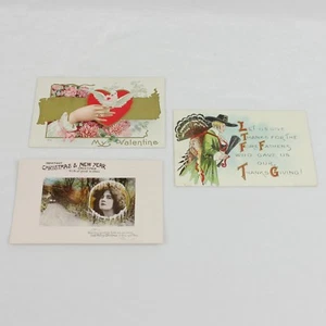 Vtg Holiday Postcard Lot 3 L & E Thanksgiving Davidson Christmas Valentine 1910 - Picture 1 of 7