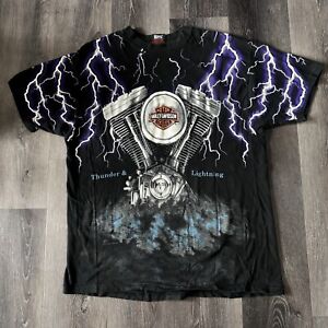 Vintage Harley Davidson Shirt Men Extra Large Lightning Thunder AOP 90s Glendale