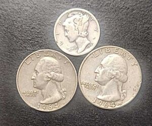 Lot Of 3 Silver Coins ~ 2× ~ 1964 D Washington Quarters 1x 1942 S ~ Mercury Dime