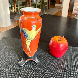Jarrón de porcelana de 7,5" Deco Art Notaki M naranja y negro amarillo pájaro 3 patas ANTIGUO - Imagen 1 de 7