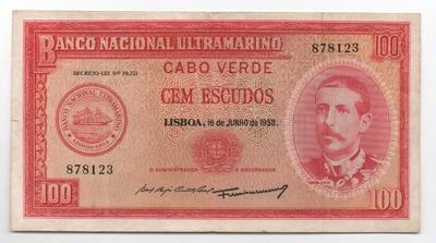 CAPE VERDE PORTUGAL 100 ESCUDOS 1958 PICK 49 LOOK SCANS  - Image 1 of 2