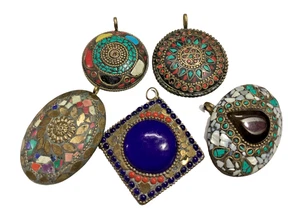 Vintage Style Tibetan Micro Mosaic Brass Jewellery Pendants India - Picture 1 of 13